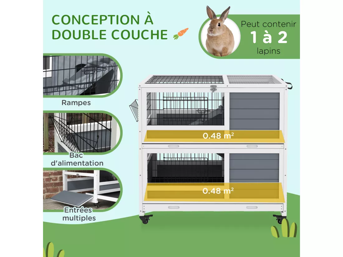 Clapier cage lapin sur roulettes - 2 niveaux, 2 plateaux, 3 portes, rampes - bois sapin gris blanc