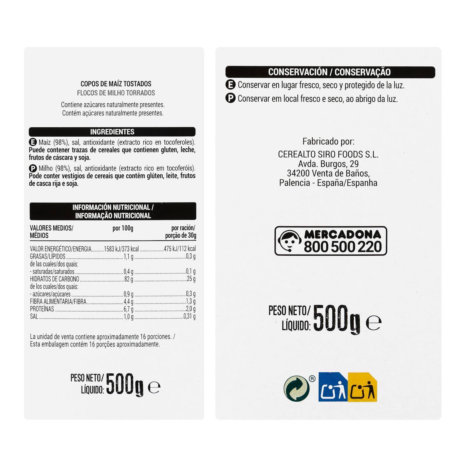 Céréales Hacendado Corn Flakes 0% sucres ajoutés