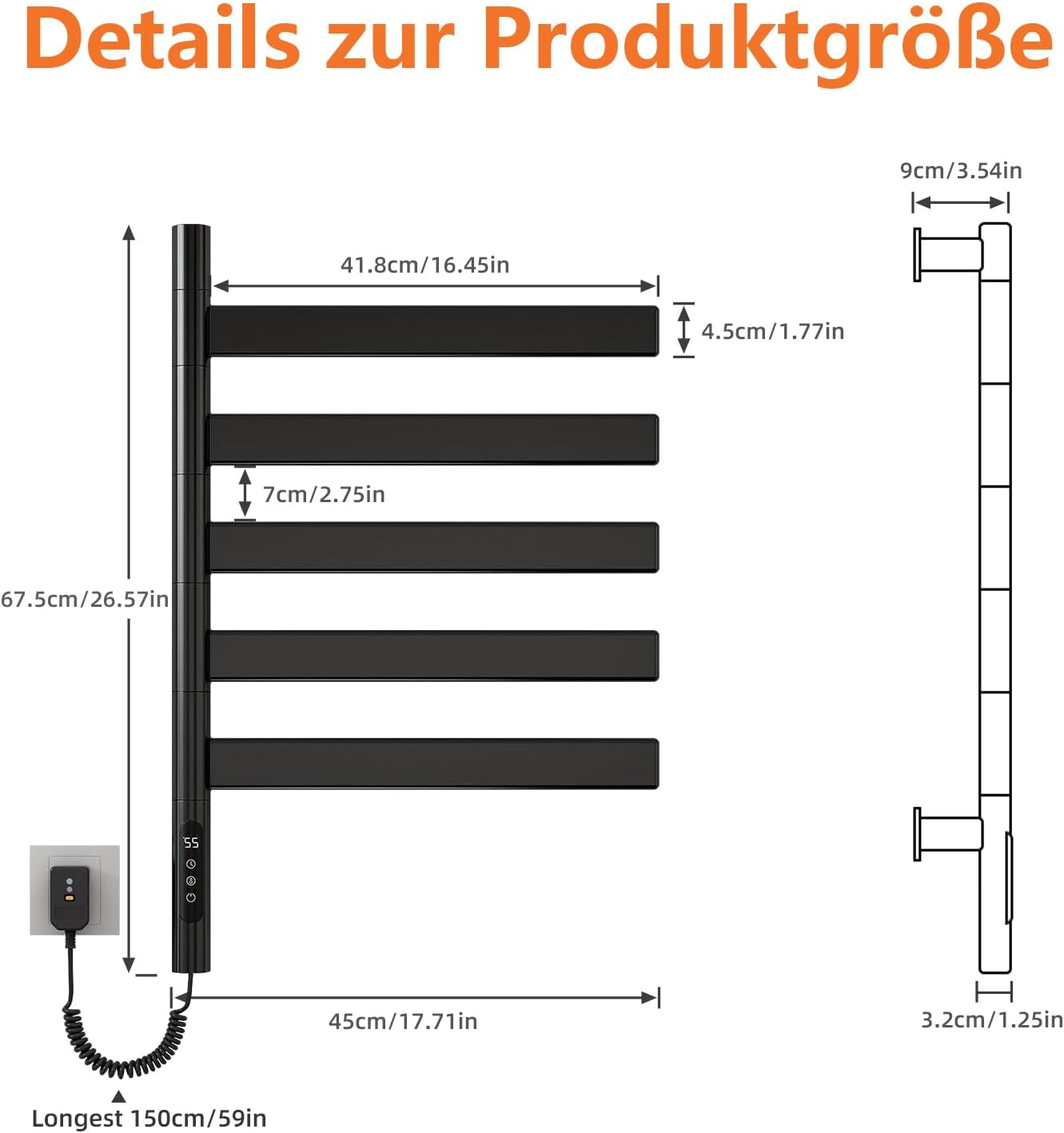 ZOYI 180°Drehung Heizkörper Bad Badheizkörper elektrisch, Elektrischer Handtuchtrockner, Handtuchheizkörper elektrisch, Handtuchwärmer elektrisch, Handtuchhalter elektrisch,220v,140w,Schwarz