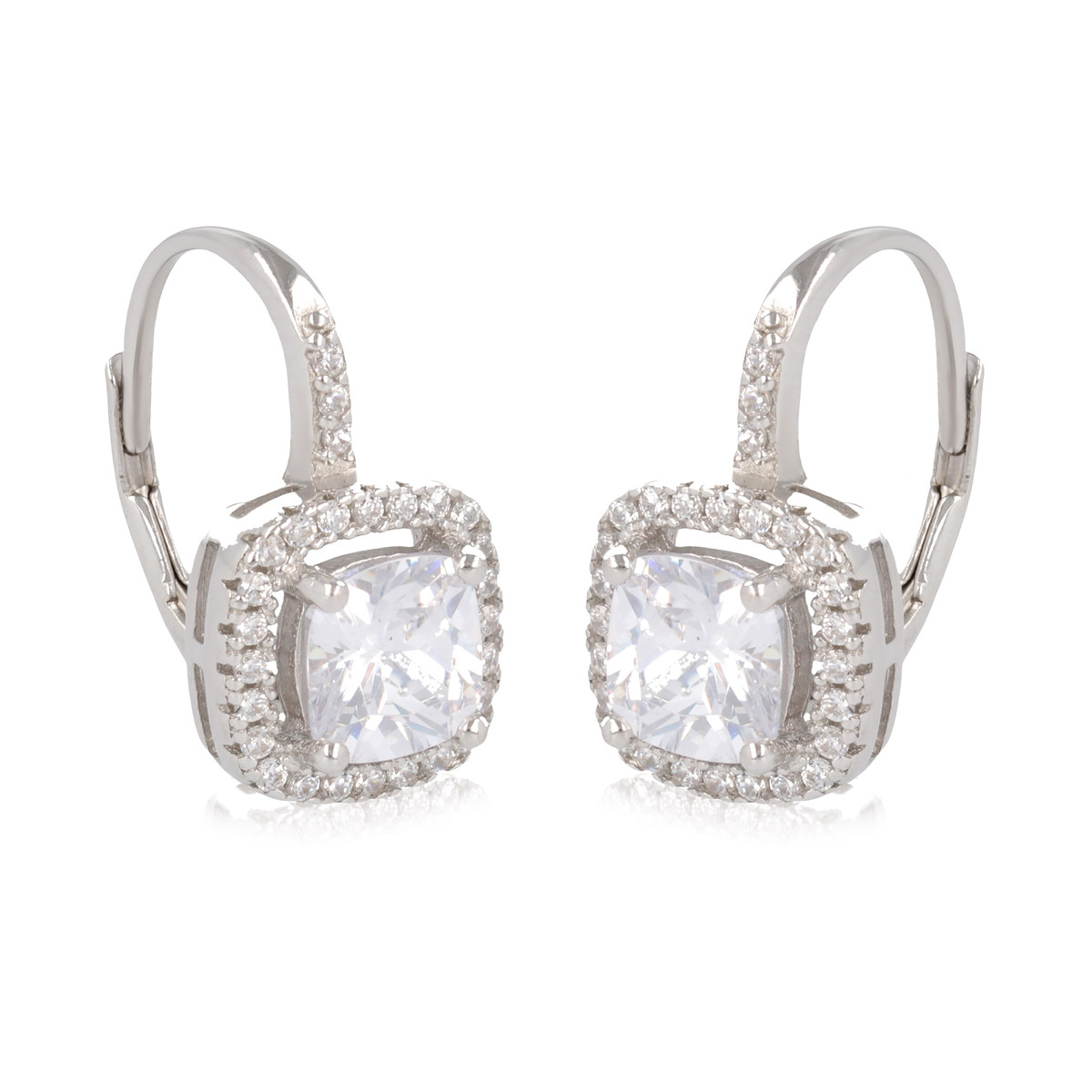 Boucles d'oreille argent rhodié avec dormeuse forme carrée angle arrondie et cubic zirconia