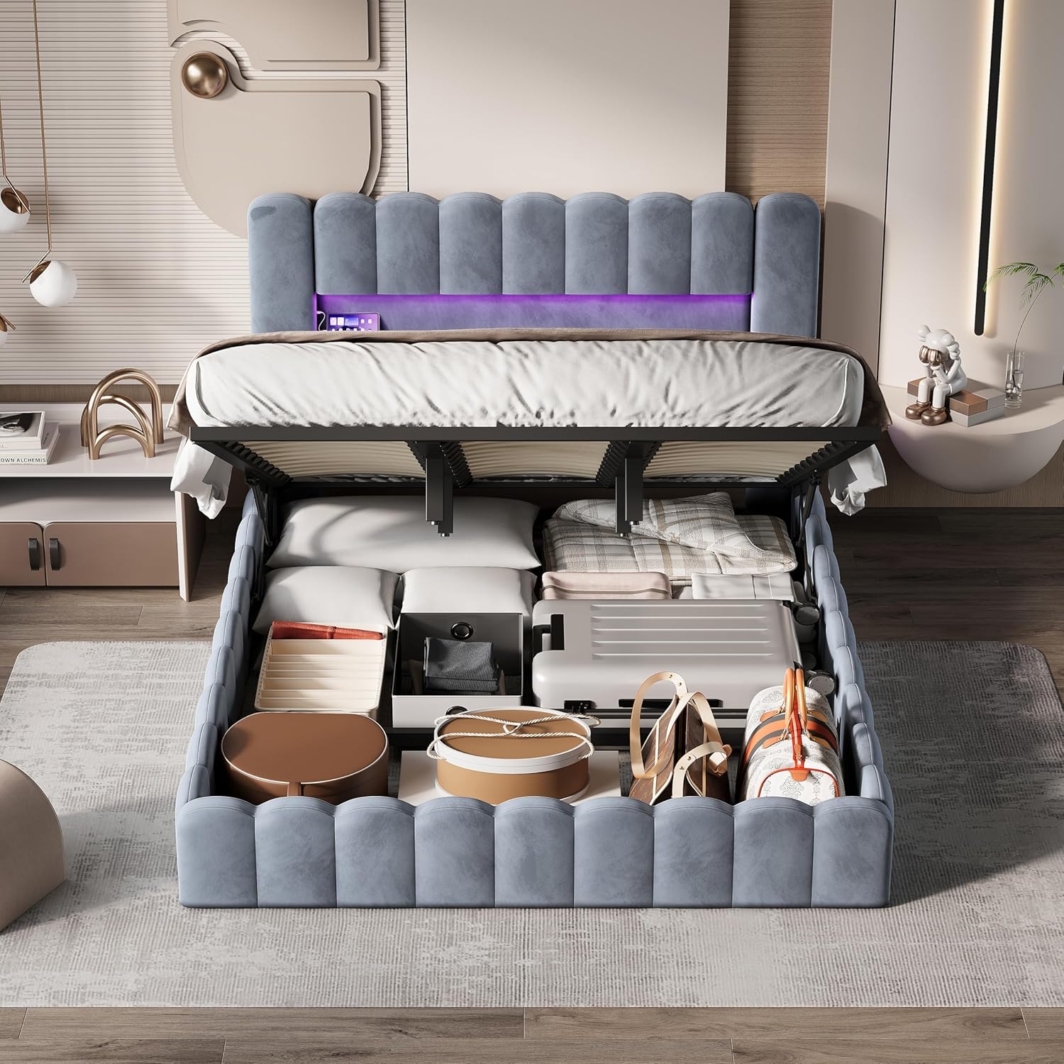 Polsterbett 180x200, Bubble Bett mit Hydraulischem Stauraum, USB-Ladefunktion und LED-Beleuchtung, Doppelbett Bettgestell, Jugendbett (Grau Samt, Ohne Matratze)