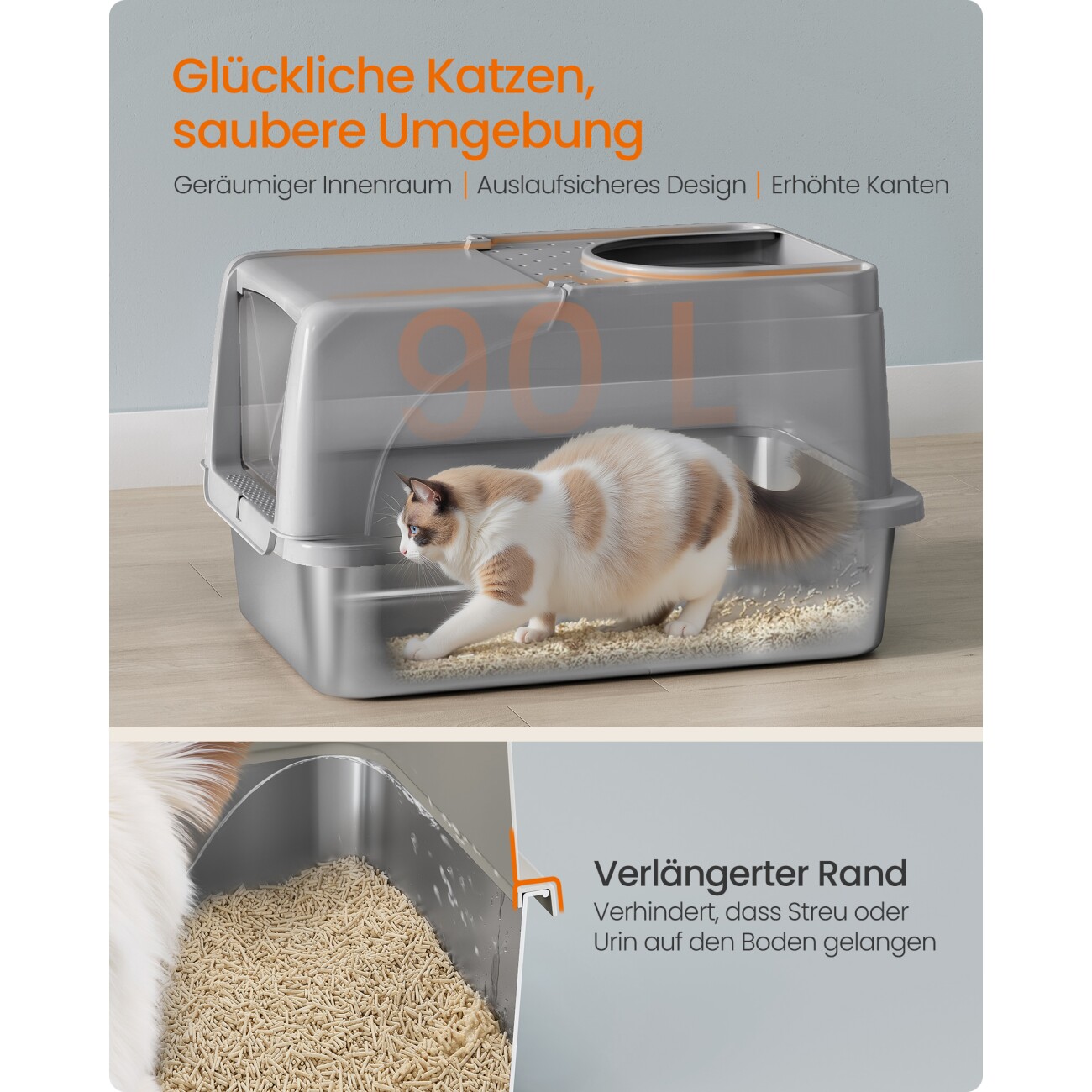 FEANDREA 2er Edelstahl Katzentoilette XL mit Deckel 2 Eingängen grau