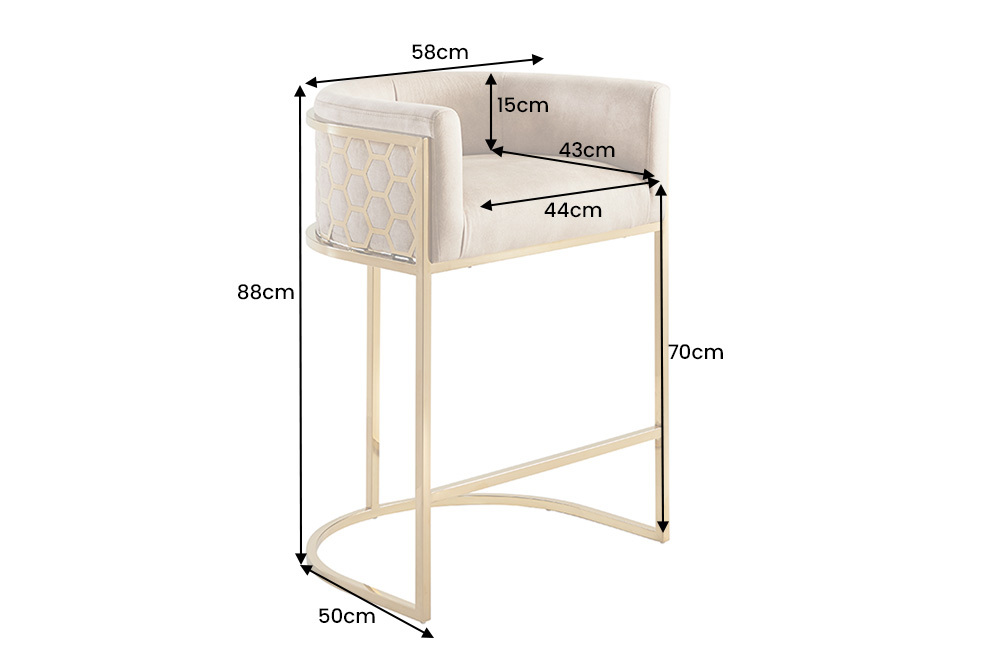 Stilvoller Barhocker ELEGANCE beige Samt gold Edelstahl mit Armlehne und Fußablage