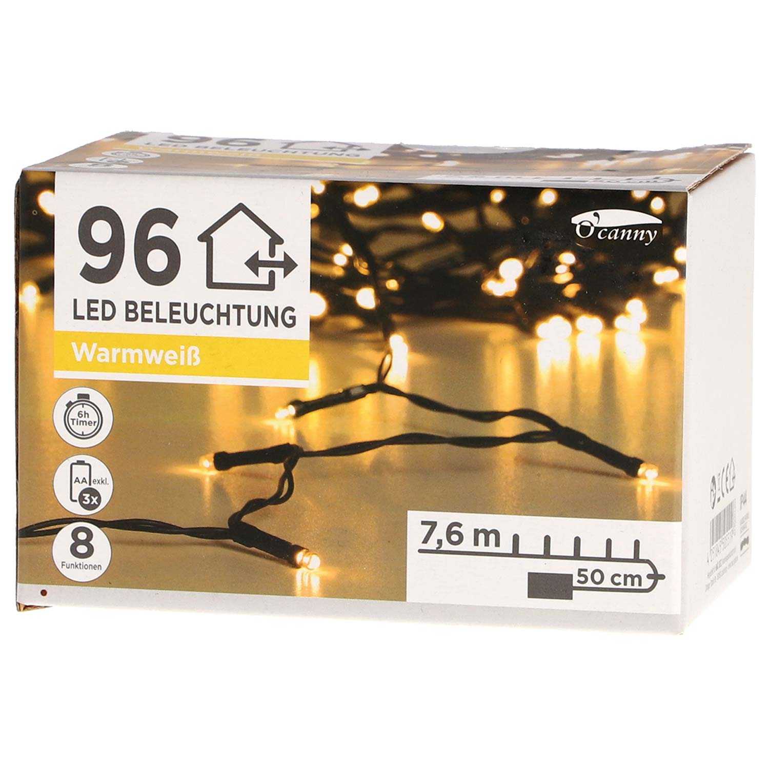 O'canny Outdoor LED-Lichterkette warmweiß mit Timer & 8 Funktionen 7,60 m 96er
