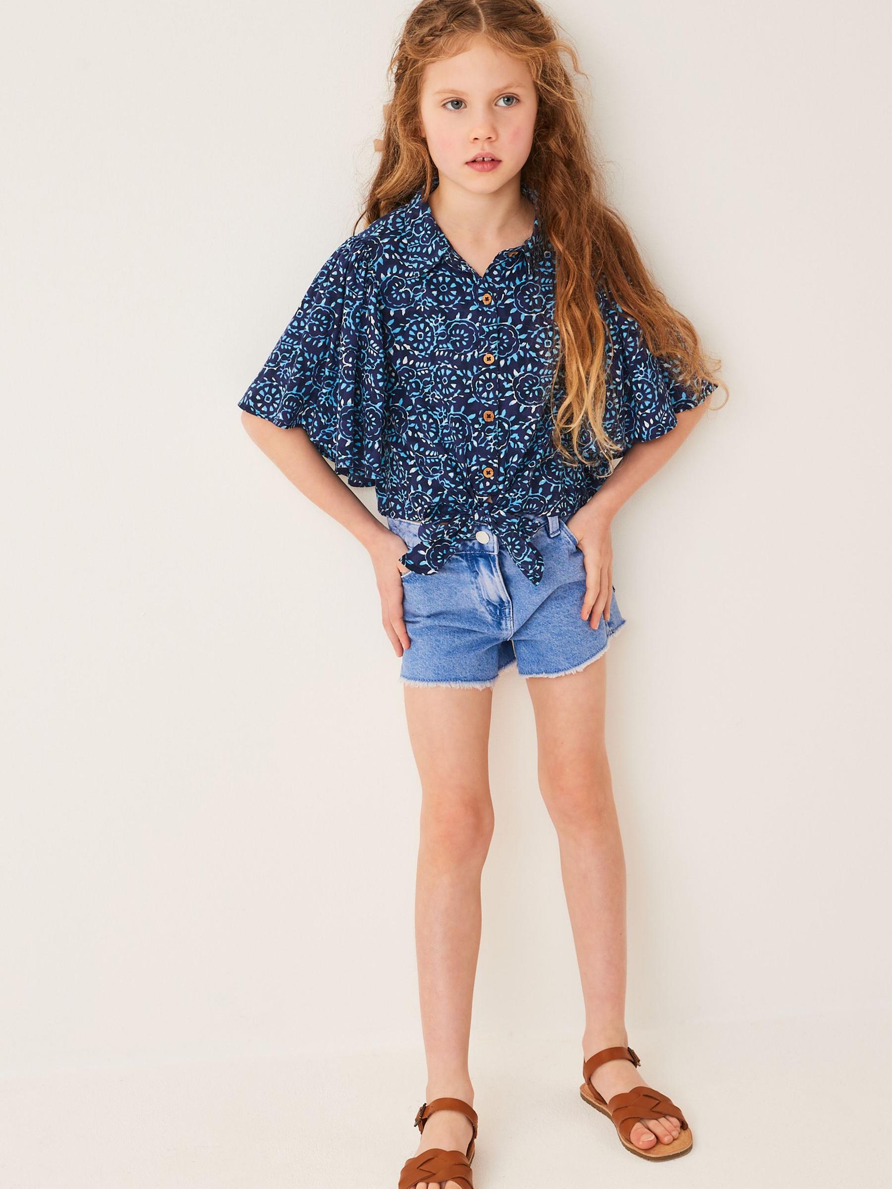 Blauw - Blouse met wijde mouwen met strik aan voorzijde (3-16jr)