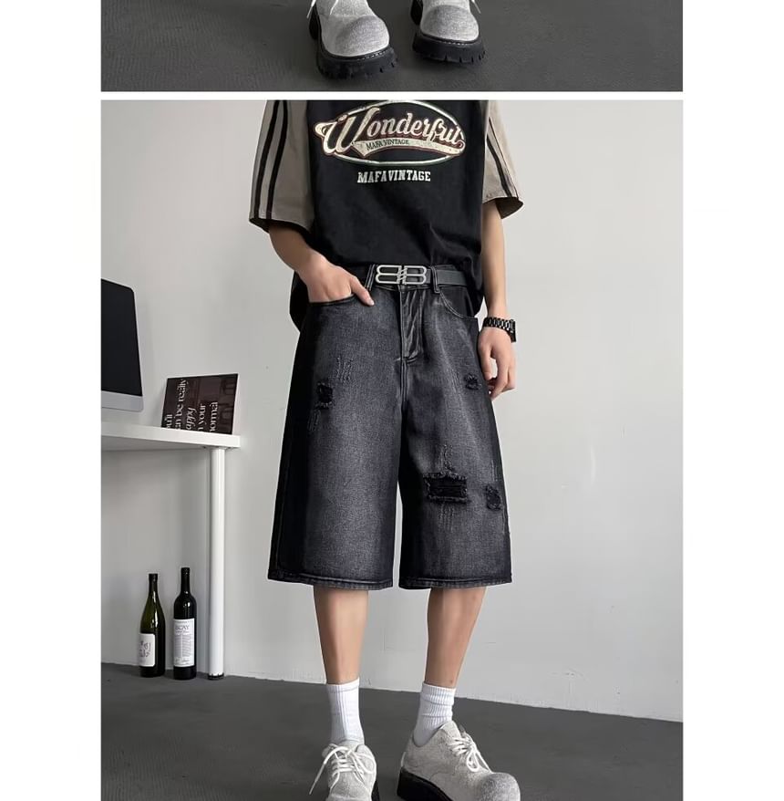 Diphon - Mid Rise Washed Distressed Denim Shorts