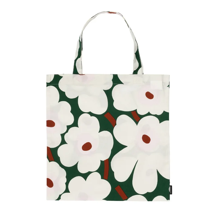 Marimekko - Unikko Einkaufstasche, dunkelgrün / off-white / hellrosa