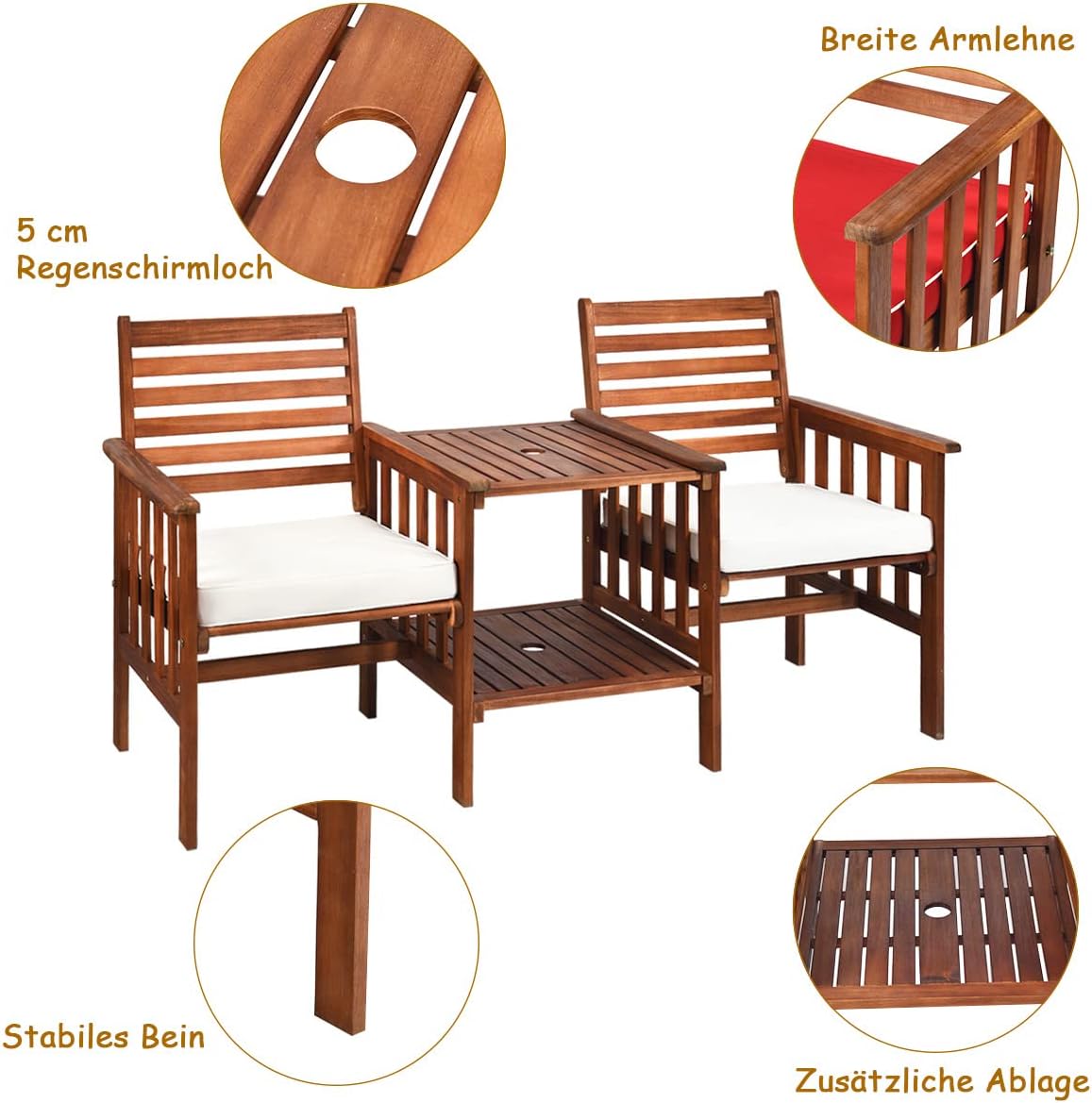 COSTWAY Gartenbank mit Tisch, 2-Sitzer Holzbank mit Sitzkissen & Schirmloch, Sitzbank aus Akazienholz bis 350 kg belastbar, Terrassenbank für Balkon, Garten, Terrasse, 165 x 65 x 88 cm