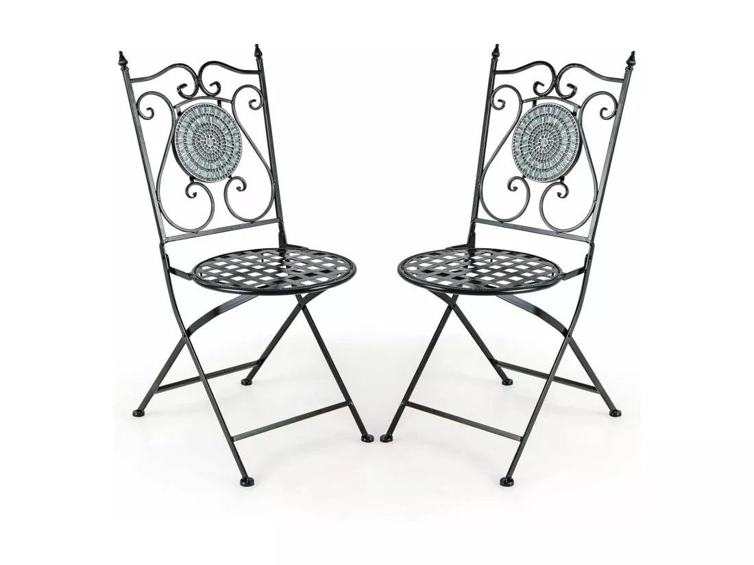 Lot de 2 Chaises de Jardin en Mosaïque Cadre en Métal, Chaises de Bistro Pliante avec Dossier Décoratif Charge 150 kg, Style Rétro de Jardin pour Terrasse Balcon