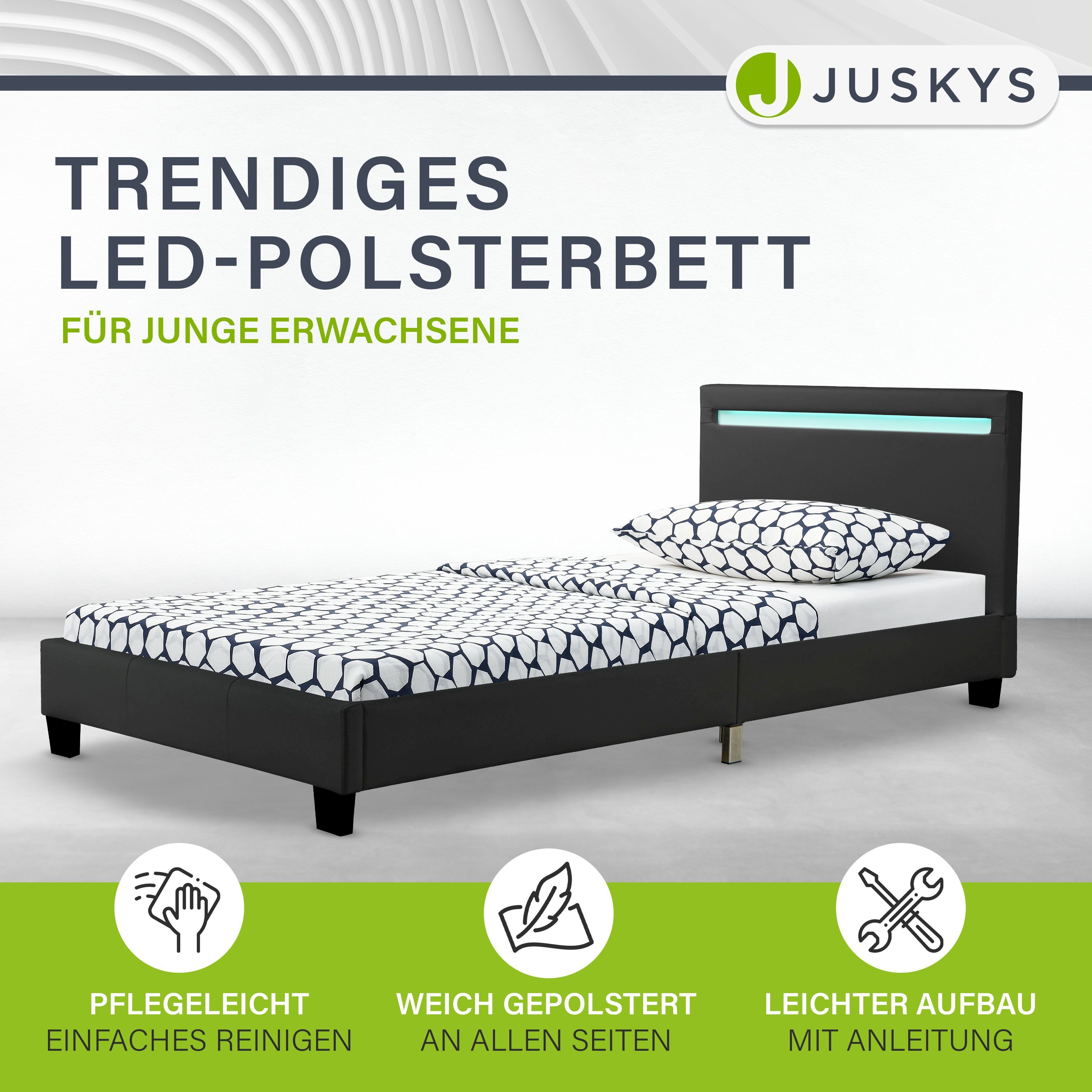 Juskys Polsterbett Verona 90x200 cm schwarz mit Matratze – Einzelbett + LED-Beleuchtung & Lattenrost