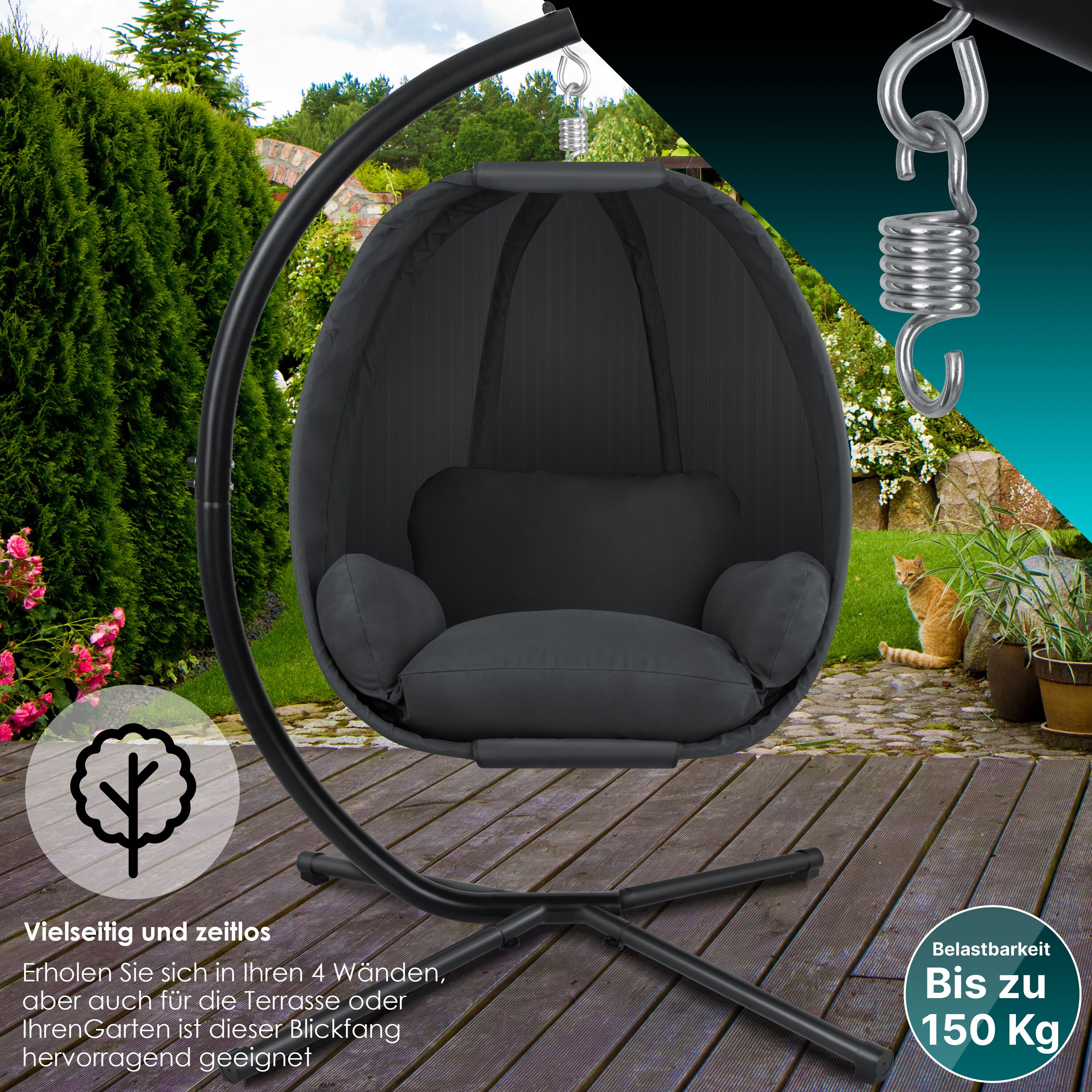 KESSER® Luxe Hängesessel mit Gestell + weicher Sitzkissen, Seitenpolsterung, Sitz- und Rückenkissen Hängekorb Indoor & Outdoor, Garten Schaukel Korb Hängestuhl Stabiler Standfuß, max. 150 kg
