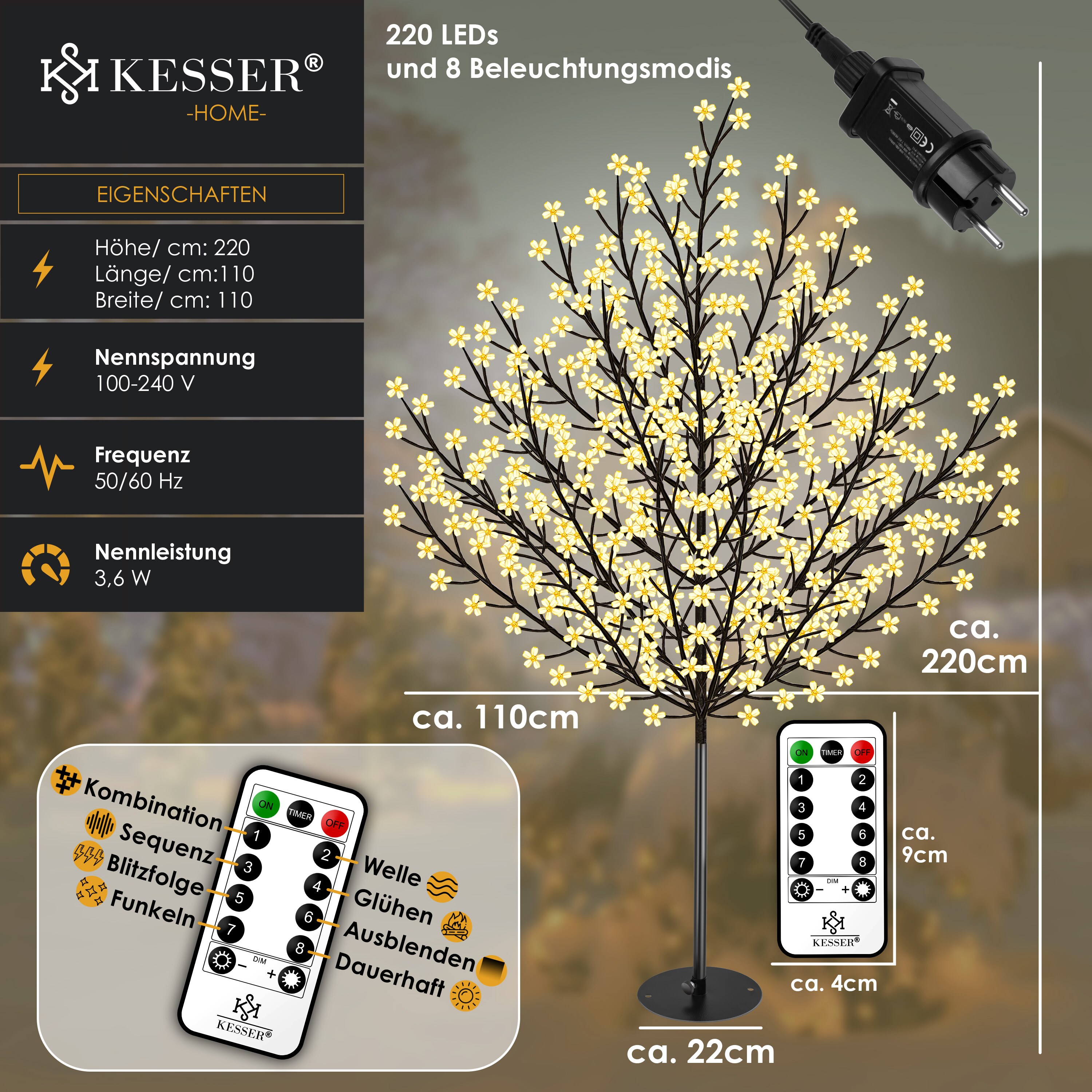 KESSER® Kirschblütenbaum mit Fernbedienung | Lichterbaum Indoor Outdoor Metallfuß Stabil | Weihnachten Beleuchtung LeuchtbaumWarmweiß