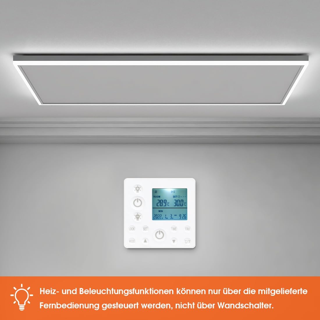 Infrarotheizung Deckenmontage 400 Watt, Infrarot Deckenheizung mit LED Licht Beleuchtung, Infrarotheizung Decke mit Thermostat Fernbedienung, Elektroheizung Heizplatte Heizpaneel Heizkörper 65,5x63cm