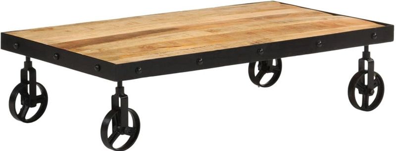 Salontafel - Massief Mangohout - Natuurlijke Afwerking - Met Wielen