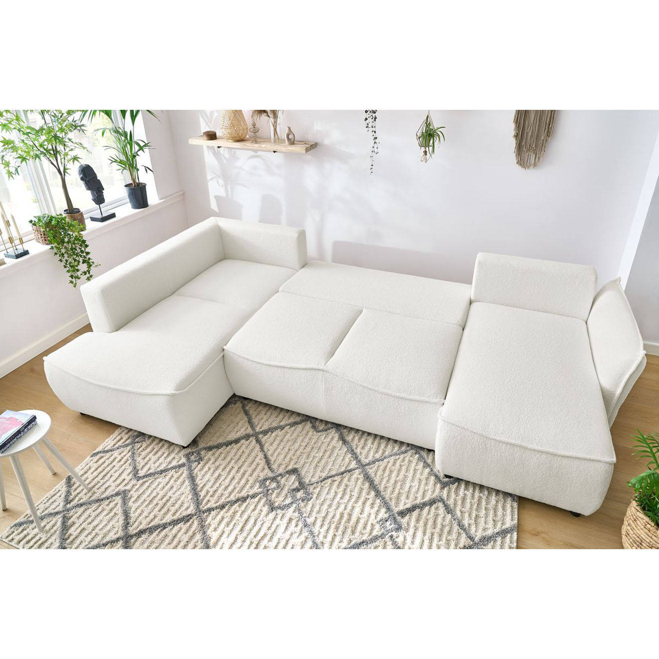 Bobochic Canapé panoramique convertible coffre d'angle droit bouclette léon blanc - 320x194x90 cm