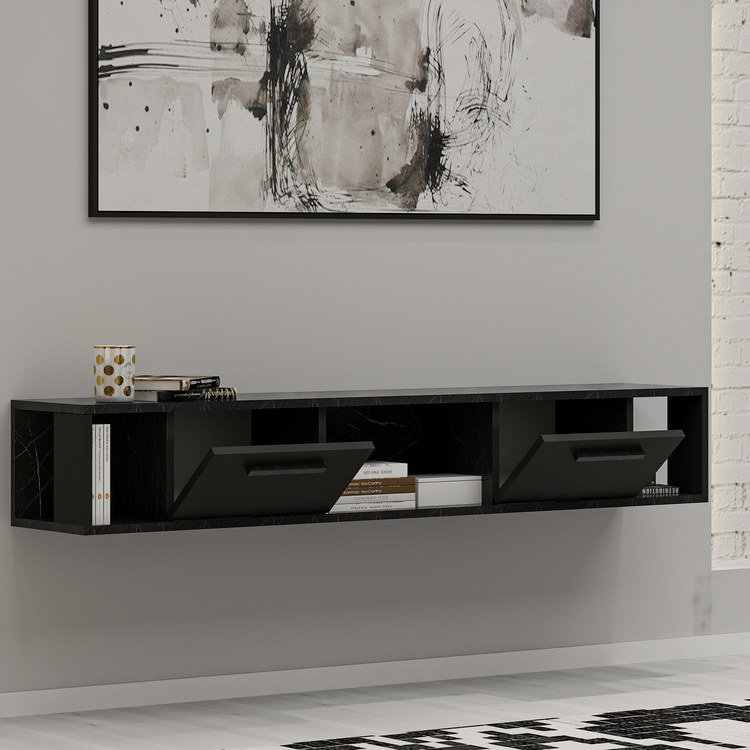 TV-Lowboard - schwarz - Marmoroptik - hängend - 160 cm