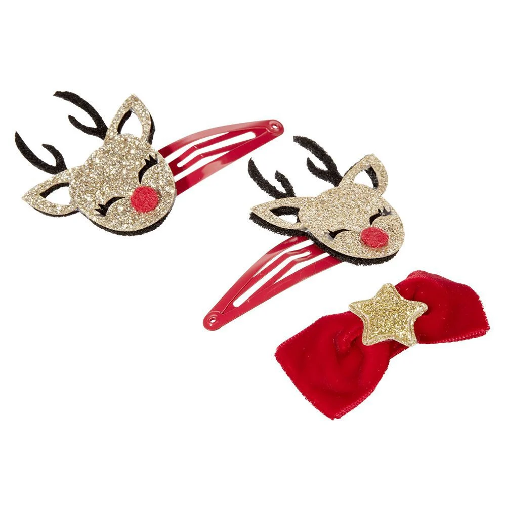 Barrette design Noël forme renne et étoile x3