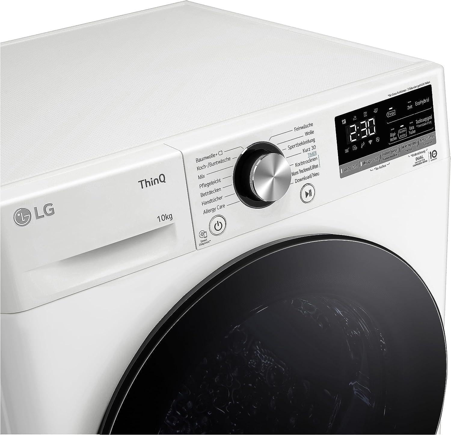 LG V9AYXT, Trockner, 10 kg, Wärmepumpentrockner mit Dual Inverter Wärmepumpentechnologie, 60 x 66 x 85 cm, Allergy Care Programm, Trockner mit Smart ThinQ-Technologie, Weiß