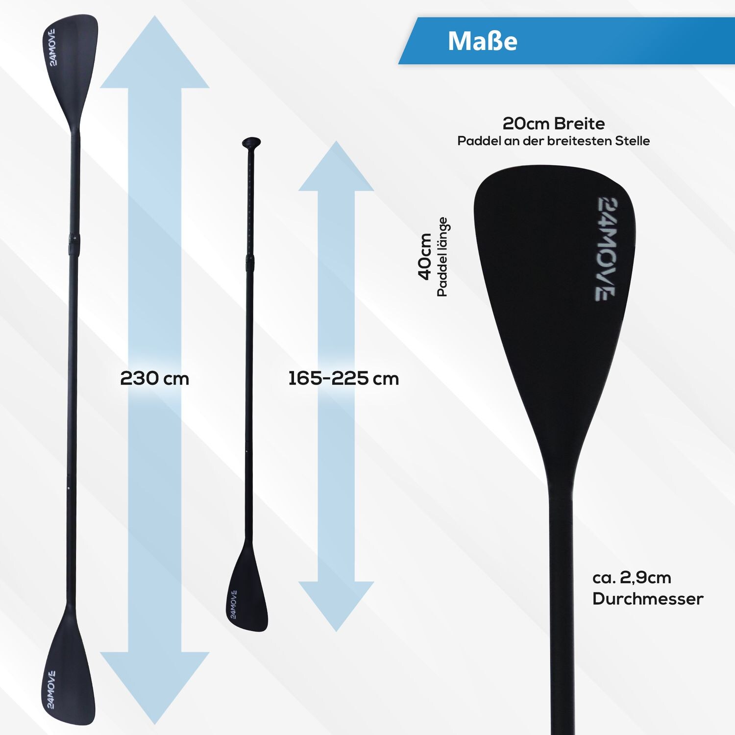 24MOVE® Paddel Doppelpaddel 2 in 1 Teleskoppaddel Stechpaddel für SUP Stand Up Board , Kajak, Leicht aus Aluminium 230cm, verstellbar