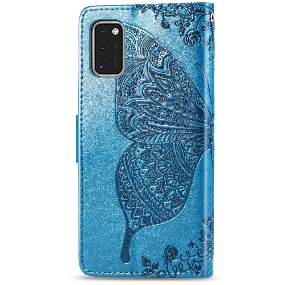 Samsung Galaxy A41 Leder Tasche Flip Cover Schmetterlinge Imprint - Blau