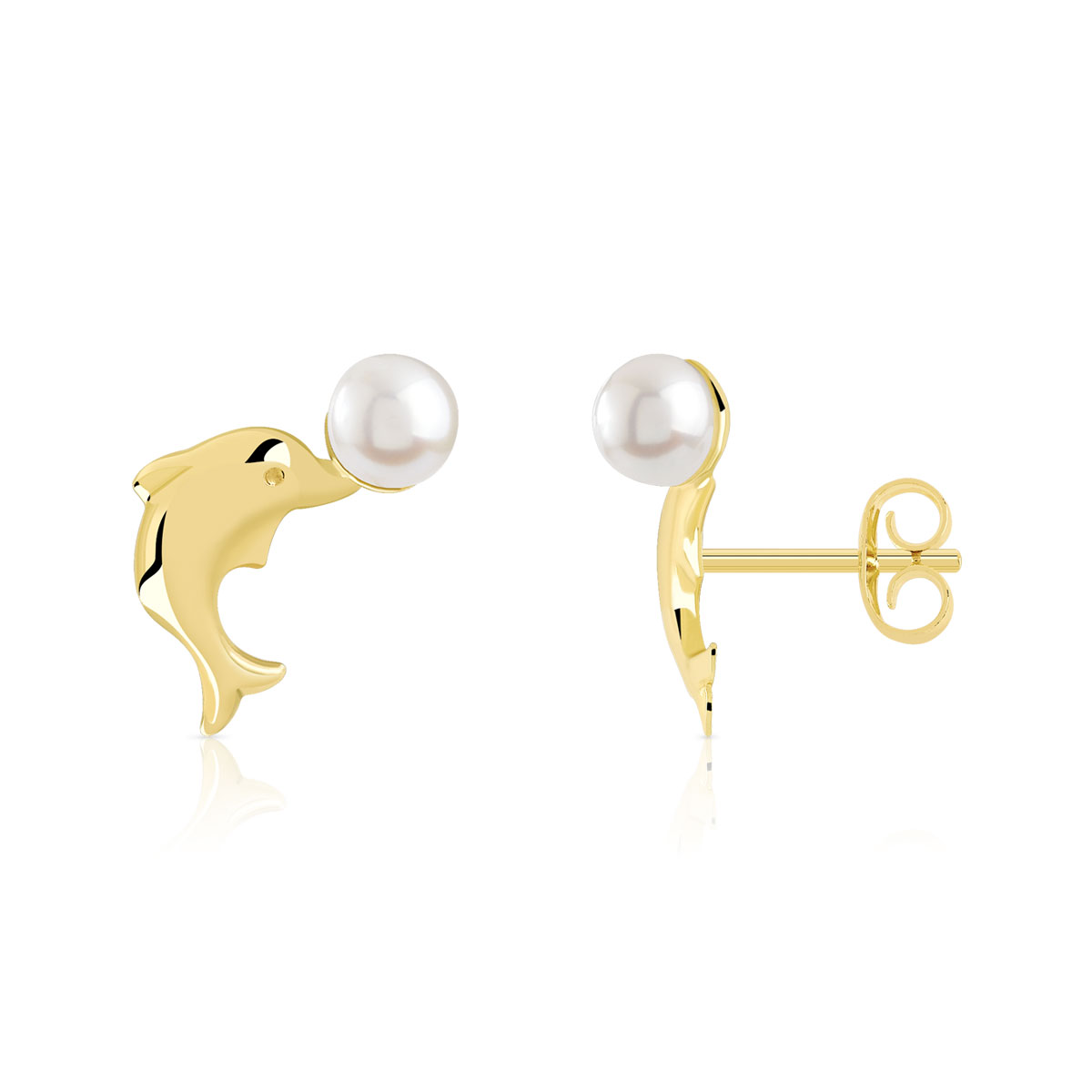 Boucles d'oreilles or 375 jaune dauphins perles de culture de Chine