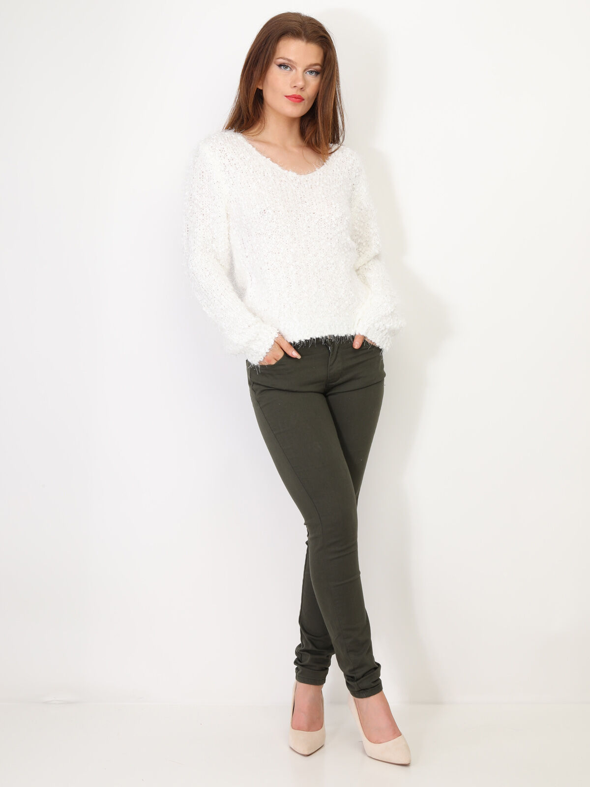 Pull duveteux avec fils brillants- Blanc