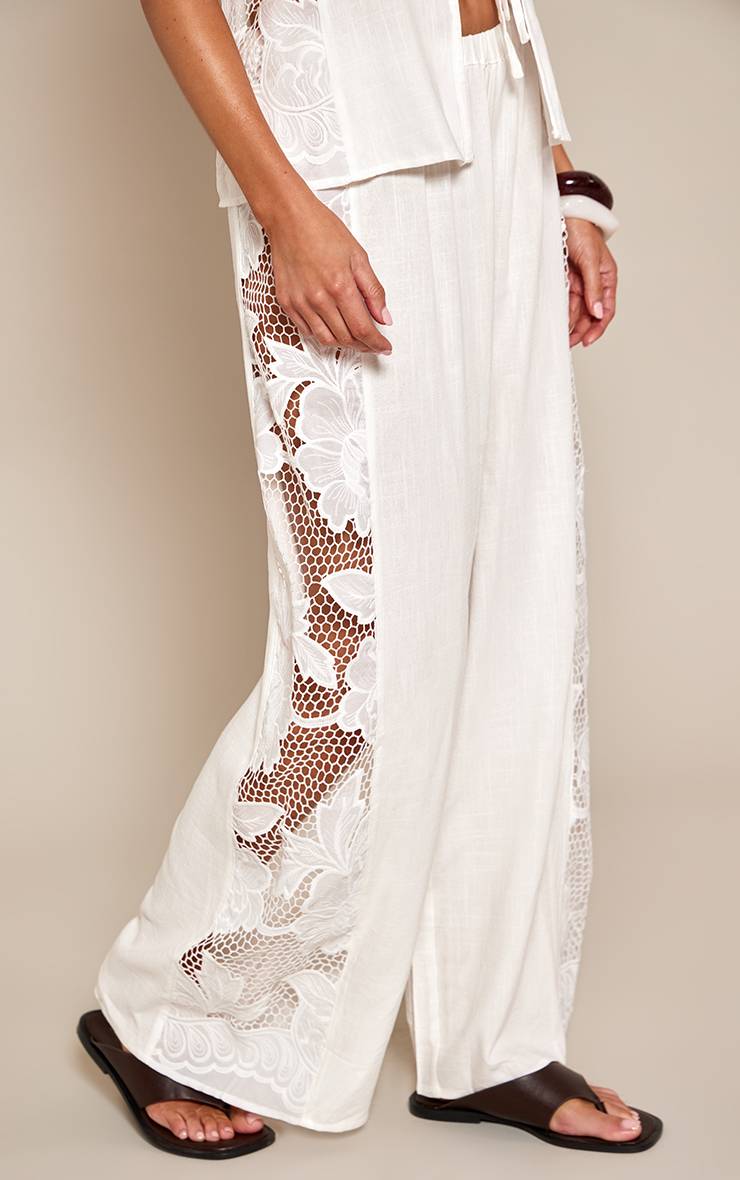 Blanc Ensemble Coordonné Pantalon Avec Appliqué Dentelle Florale