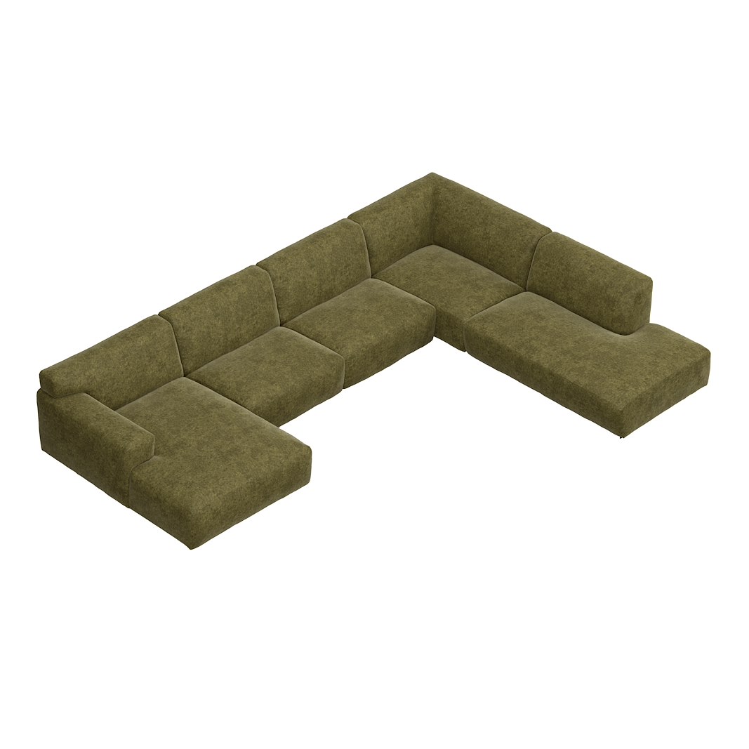 Vesta U-sofa Sjeselong venstre, 3-seter og åpen ende høyre. Big hjørnemodul, Tekstil Eros Forest, sort metallben 10 cm, Comfort CM