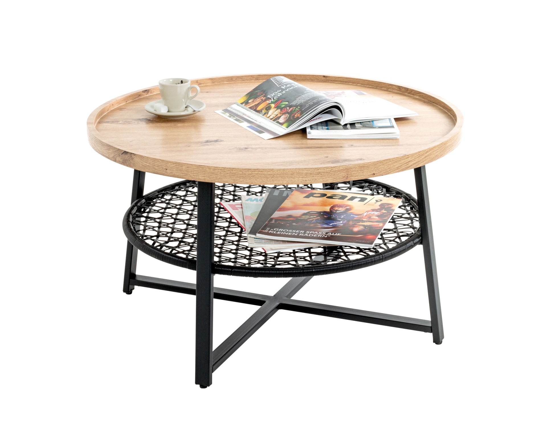Couchtisch 75 cm Eiche-Dekor/schwarz/gewebte Ablage