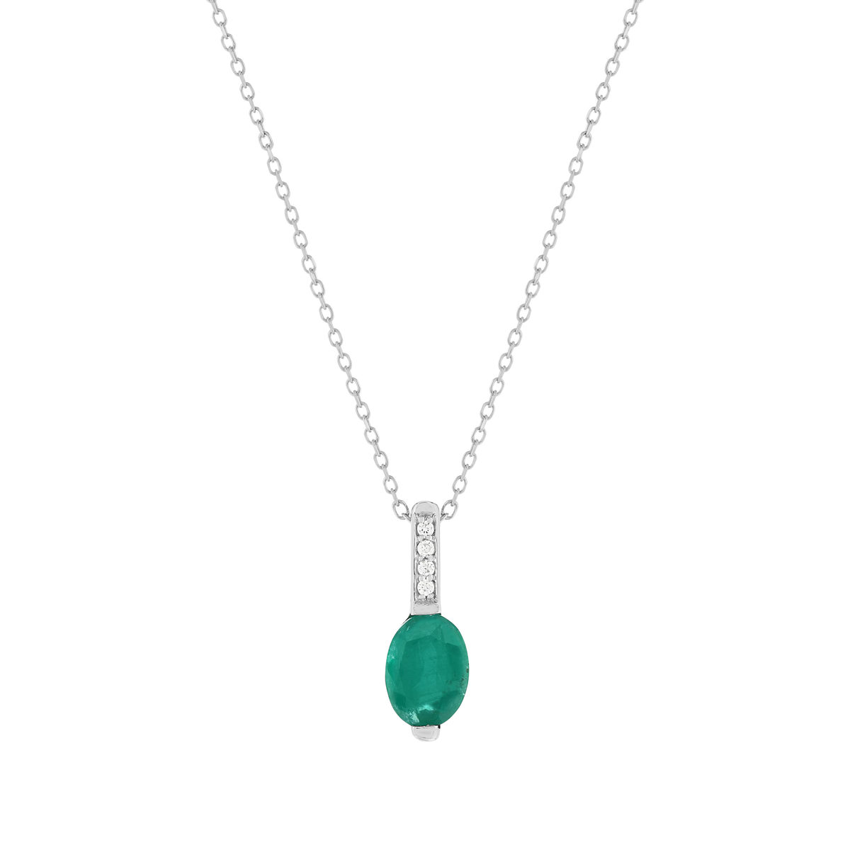Collier or blanc 750, émeraude, diamants. Longueur 42 cm.