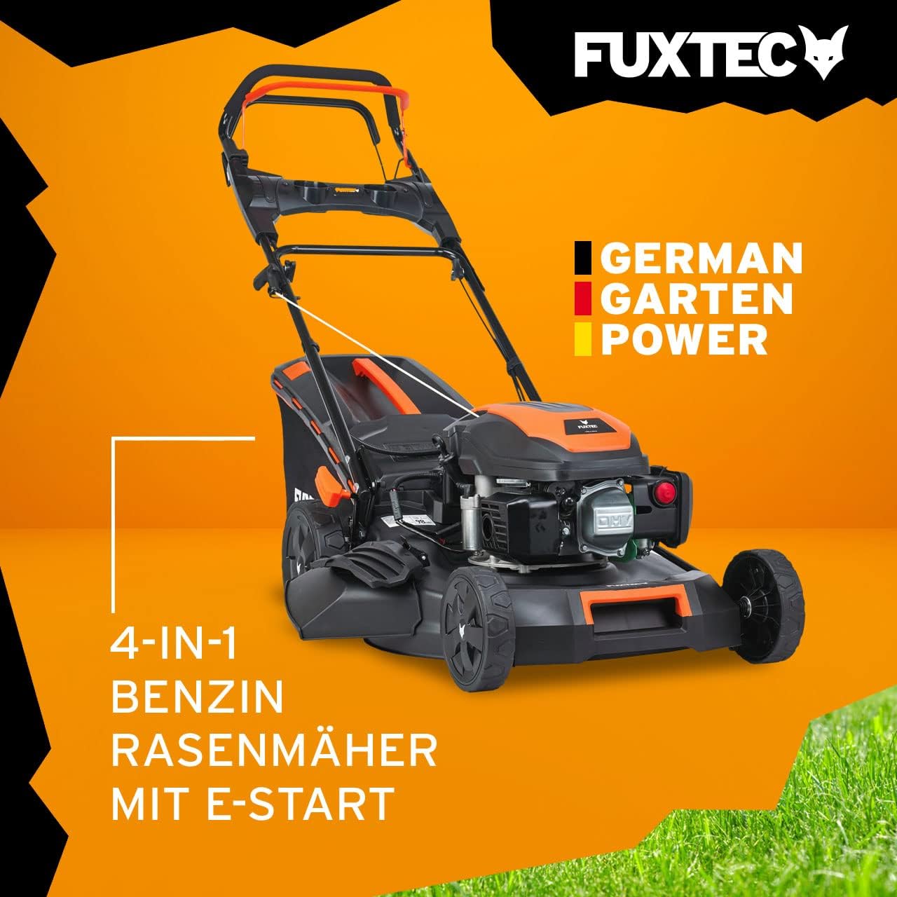 FUXTEC 4in1 Benzin Rasenmäher FX-RM5170eS mit E-Start, Gartenmäher inkl. Seitenauswurf-Funktion, 51 cm Schnittbreite, 4-Takt mit Hinterradantrieb, kugelgelagerte Big Wheel Räder, 60L Grasfangkorb