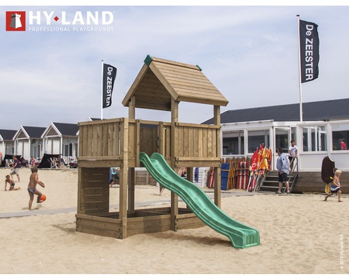 Hyland Project 3 houten speeltoren met zandbak en groene glijbaan