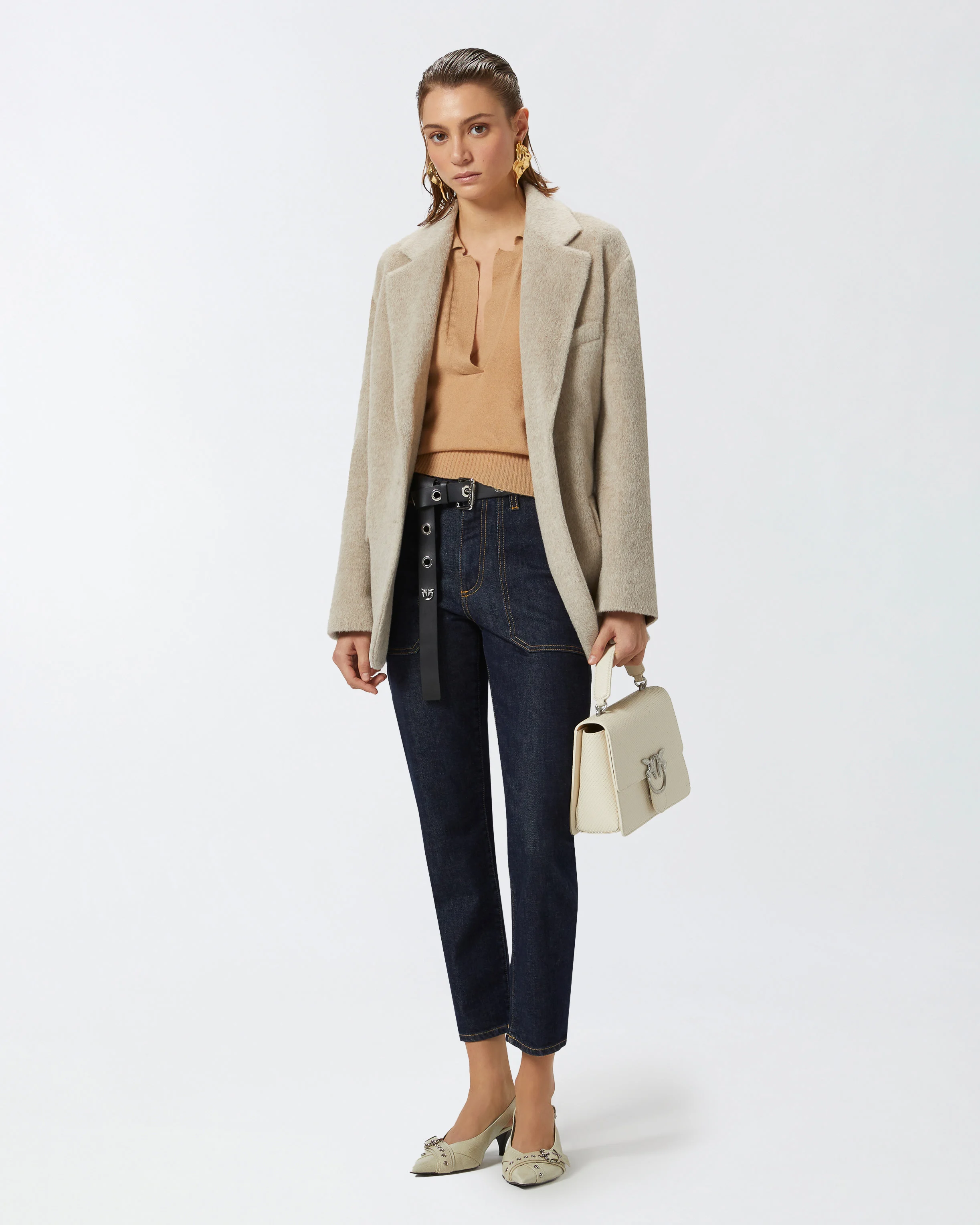 Pull court à col chemise | Beige