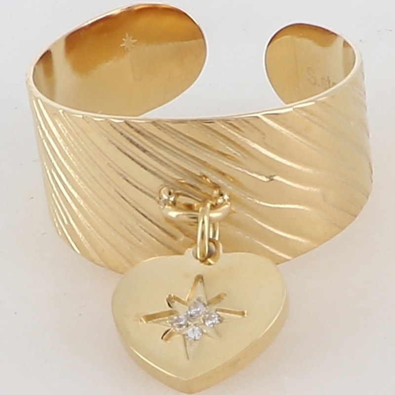 Bague pampille coeur - Acier inoxydable doré& strass doré & blanc