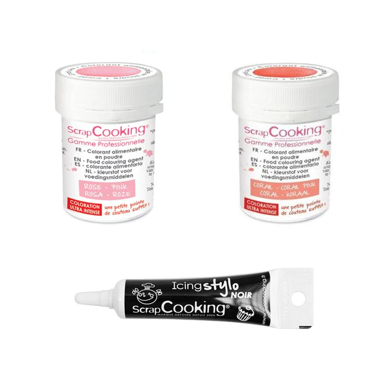2 colorants alimentaires rose poudré-corail + Stylo glaçage noir Scrap