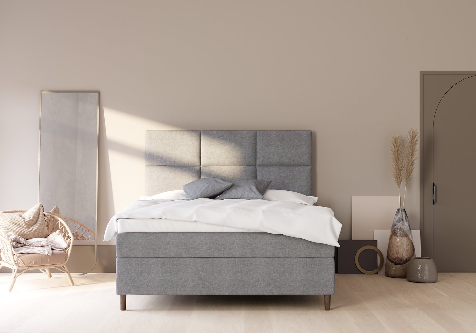 Sensitive 800 kontinental 160x200 cm Tekstil Bardal 110 lys grå Medium/Fast m/Excellence latex overmadrass og Round smoked oak ben 13cm