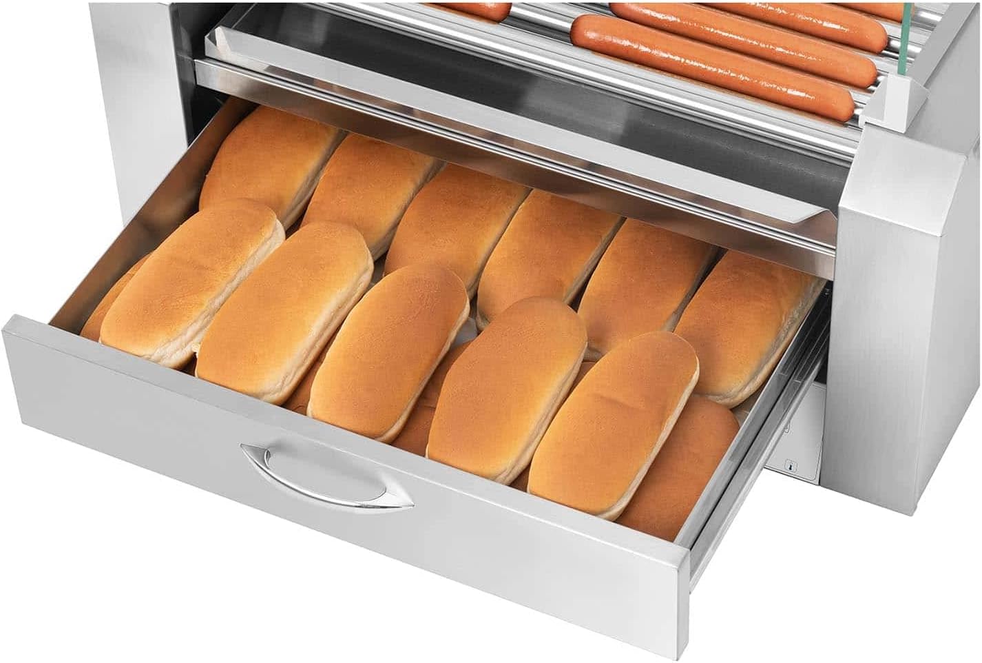 Royal Catering - Hot Dog Grill Hot Dog Maschine (11 Rollen, Edelstahl, 2.150 W, 2 Heizzonen, herausnehmbare Fettauffangschublade, Wärmeschublade, 20 Würstchen, mit Hartglasabdeckung)
