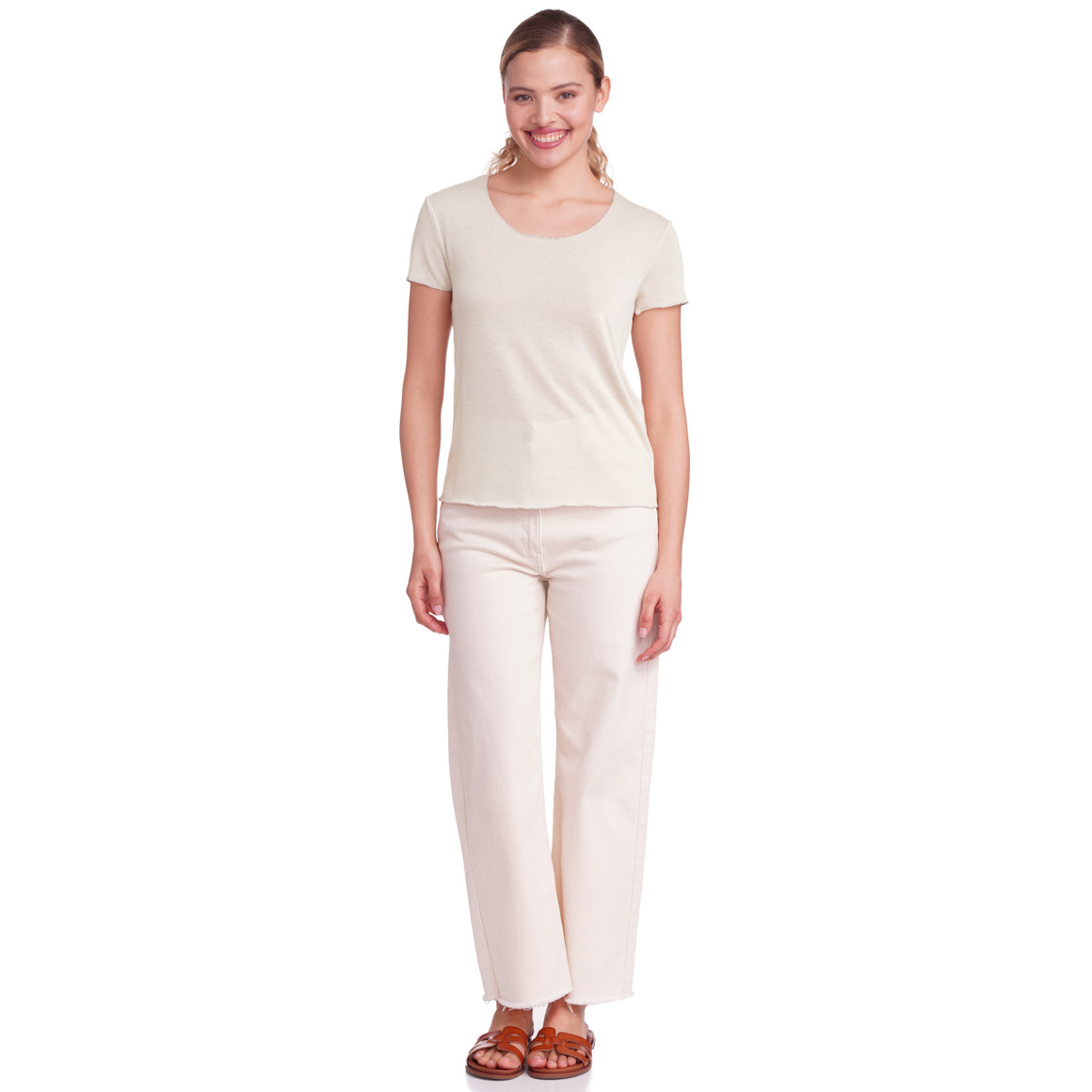 Gina Collection Damen T-Shirt mit glänzender Abschlussnaht beige