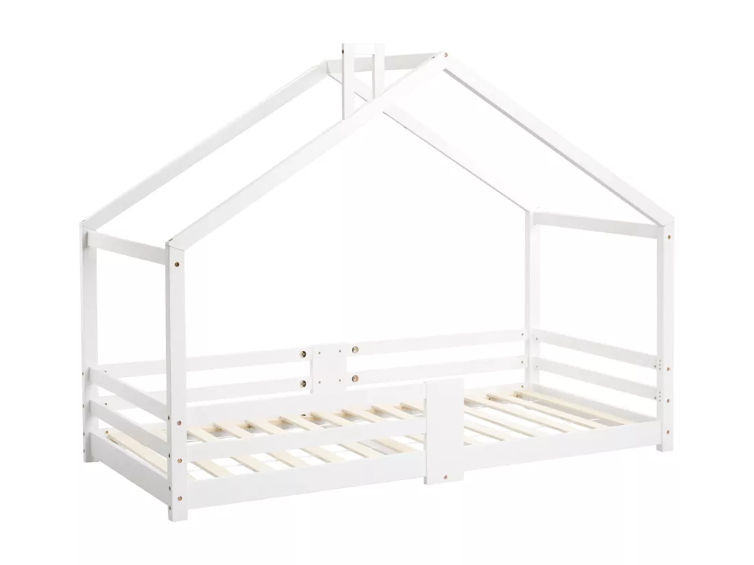 Lit cabane enfant - 90 x 200 cm - pin - barrière et sommier à lattes - blanc