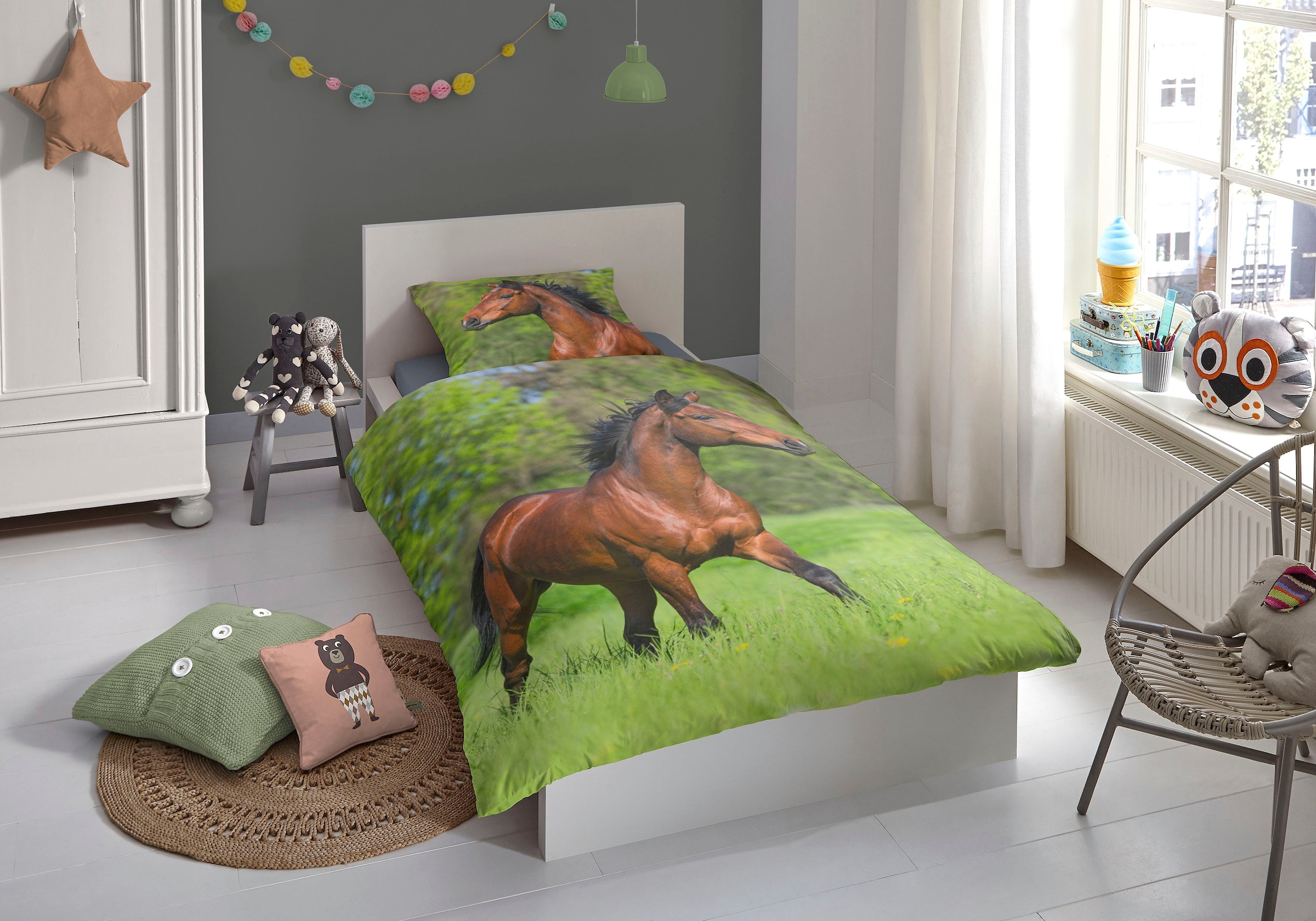 good morning Kinderbettwäsche »Running horse« 2 Stk. tlg. Baumwolle, 135x200, 2 Teilig, Reissverschluss, Kind, Mädchen, Pferd