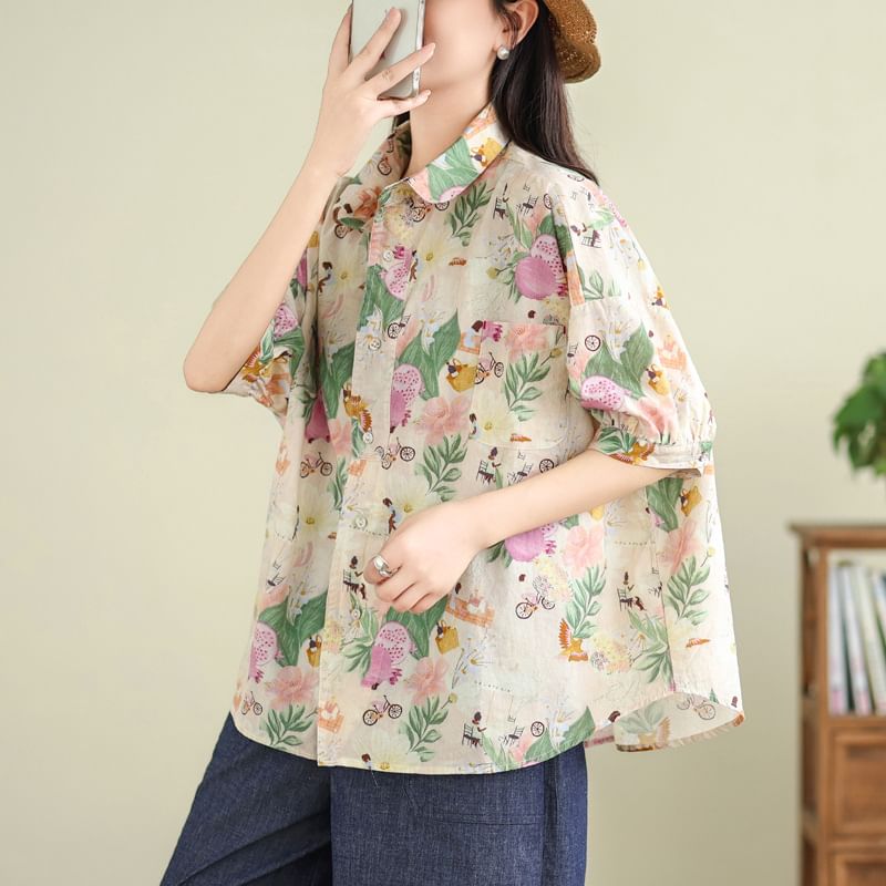 Shinobu - Blouse met 3/4-mouwen, kraag, bloemenprint, asymmetrische knoopjes