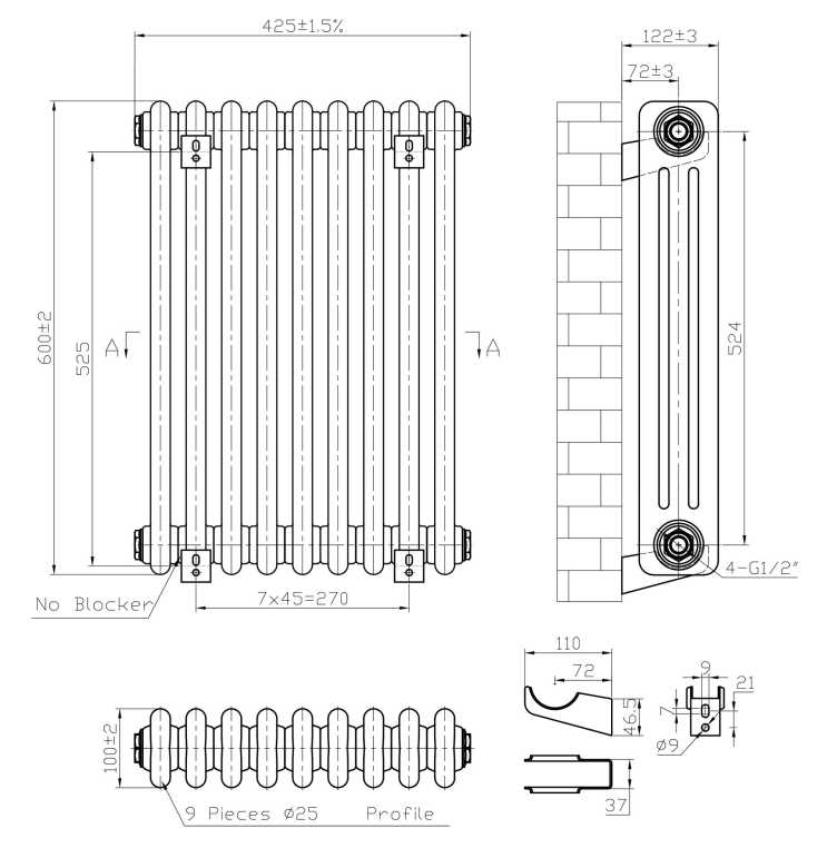 Eastbrook Imperia 3 koloms radiator 40x60cm 850W antraciet