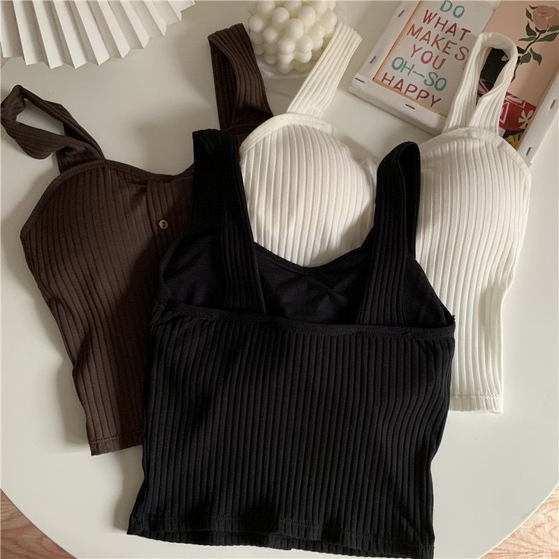 DIYI - Geribbelde cami-top met effen knopen en vulling