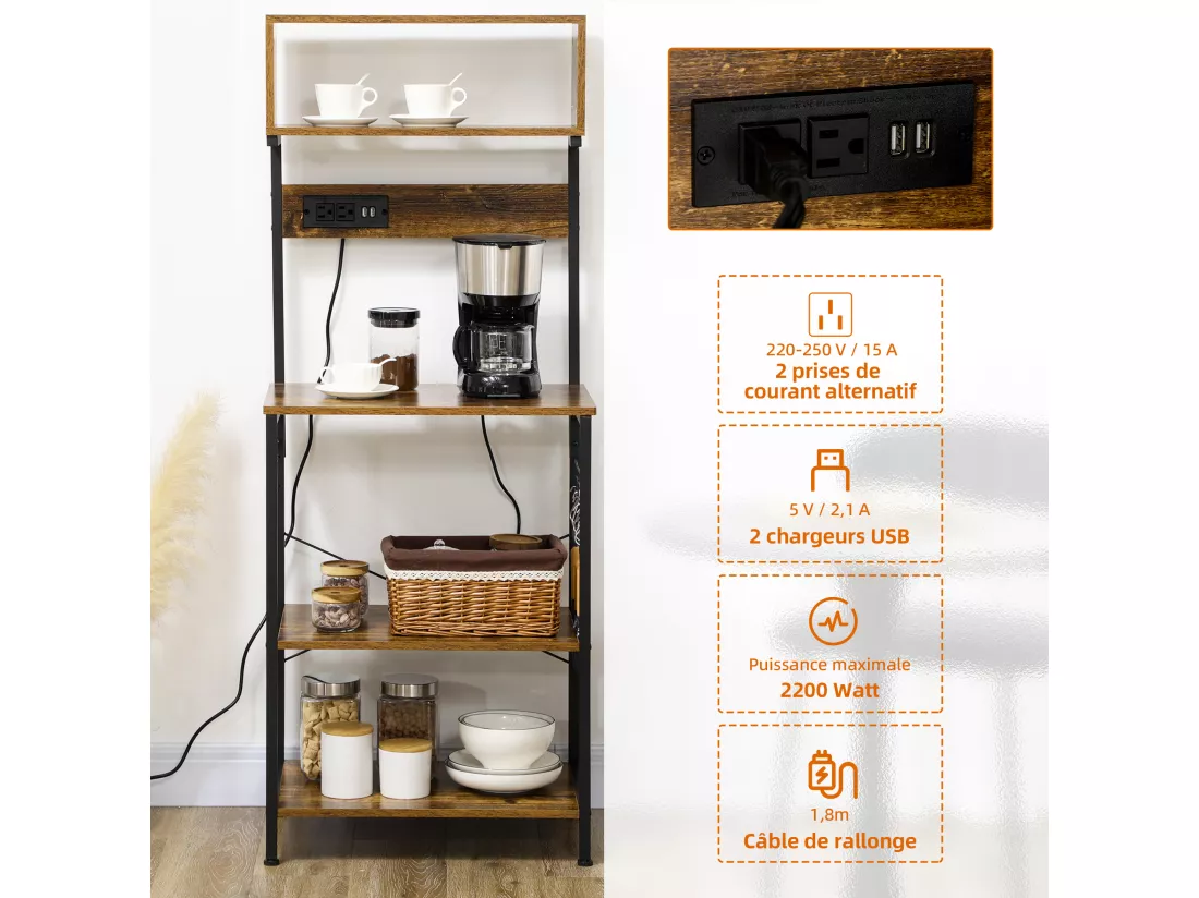 Étagère de cuisine avec multiprise et 2 chargeurs USB - 2 étagères, plateau, niche, 5 crochets - acier noir aspect bois vieilli