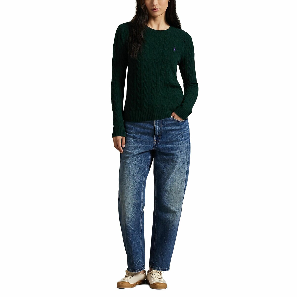 POLO RALPH LAUREN<br>Suéter de gola redonda, tricô trançado em lã e cashmere