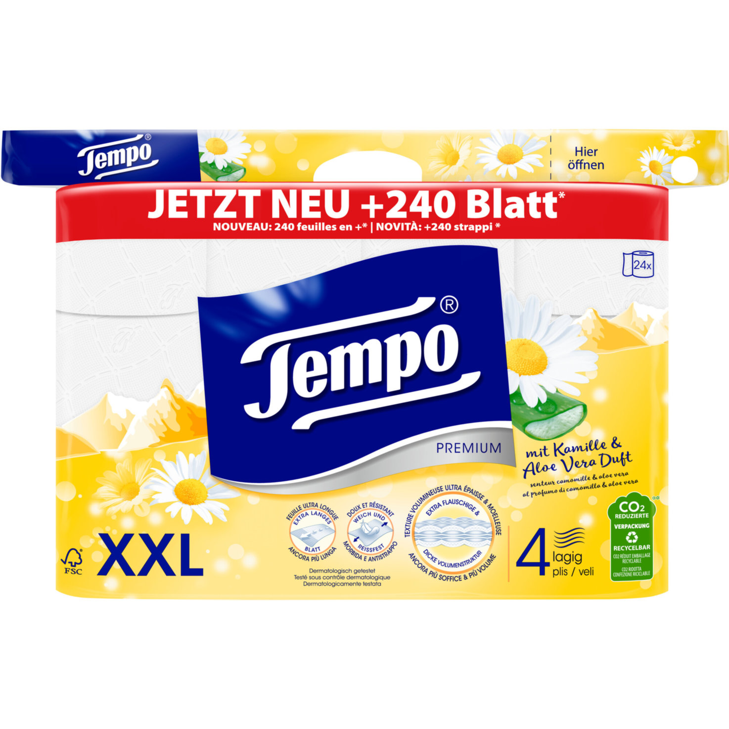 Tempo Premium Toilettenpapier Kamille und Aloe Vera 4-lagig 24 Rollen