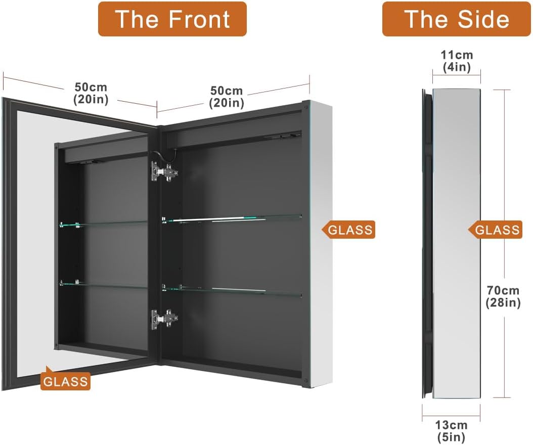LED Beleuchtetes Badezimmer Medizin Spiegel Schrank, Defog, Stufenloses Dimmen, Speicher 3-Farben Modus, Speicher Regale, Steckdosen & USBs (Linkes Scharnier, 50 x 70 cm)