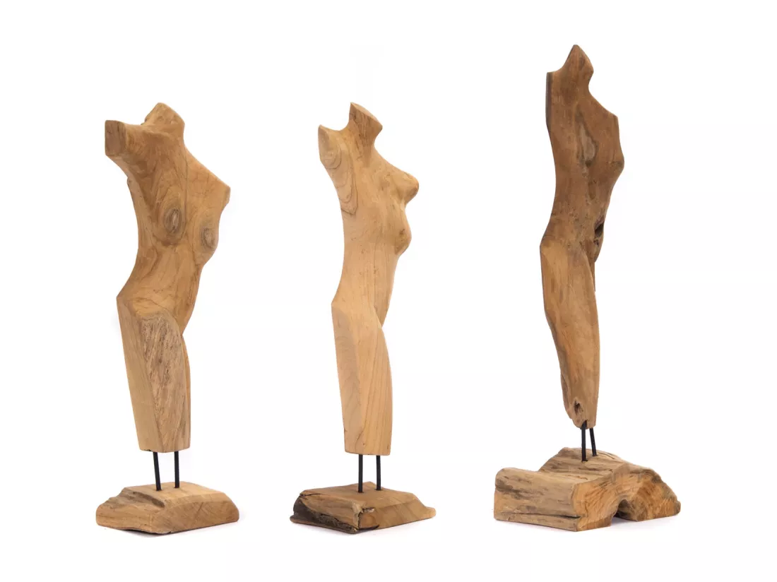 SCULPTURE torse 57 cm, bois de teck sur socle couleurs naturelles