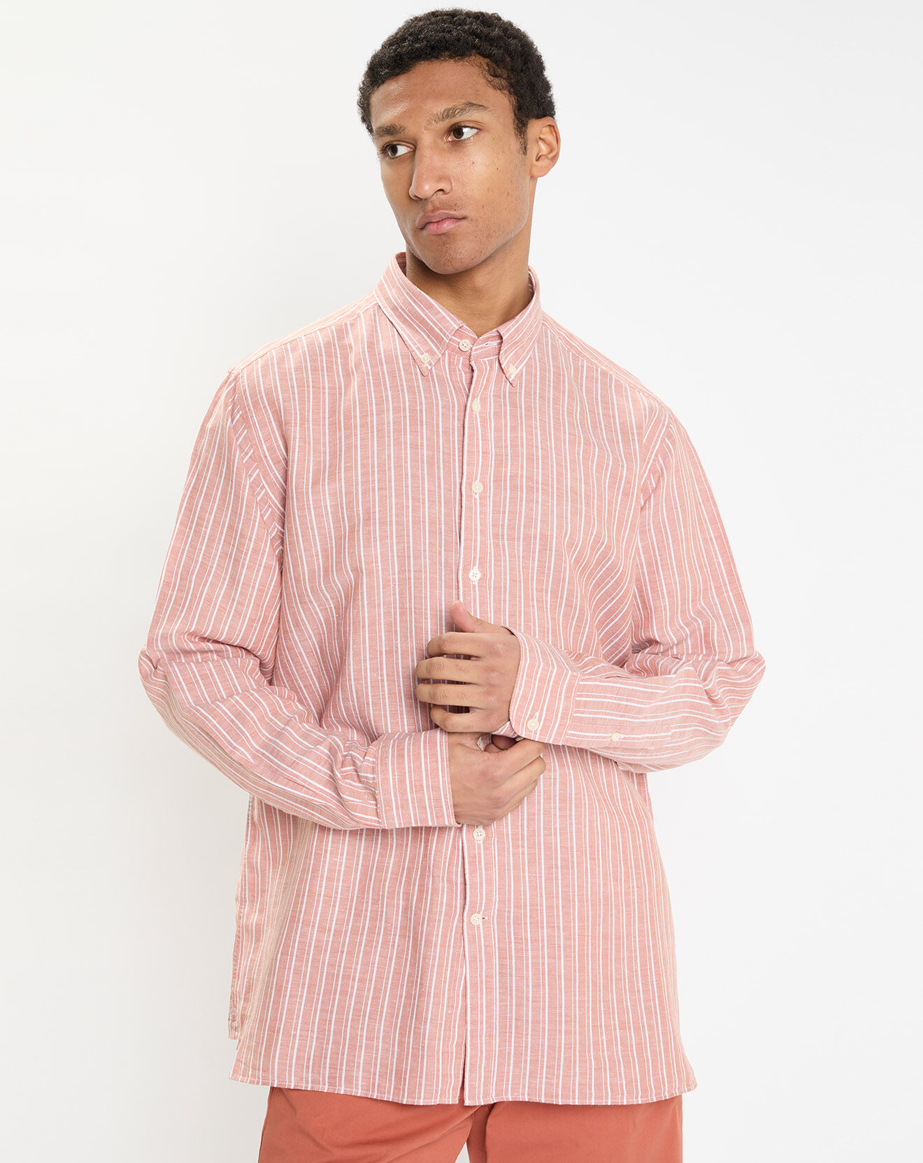 Hackett London Chemise en Lin & Coton Slim Fit à rayures orange moyen