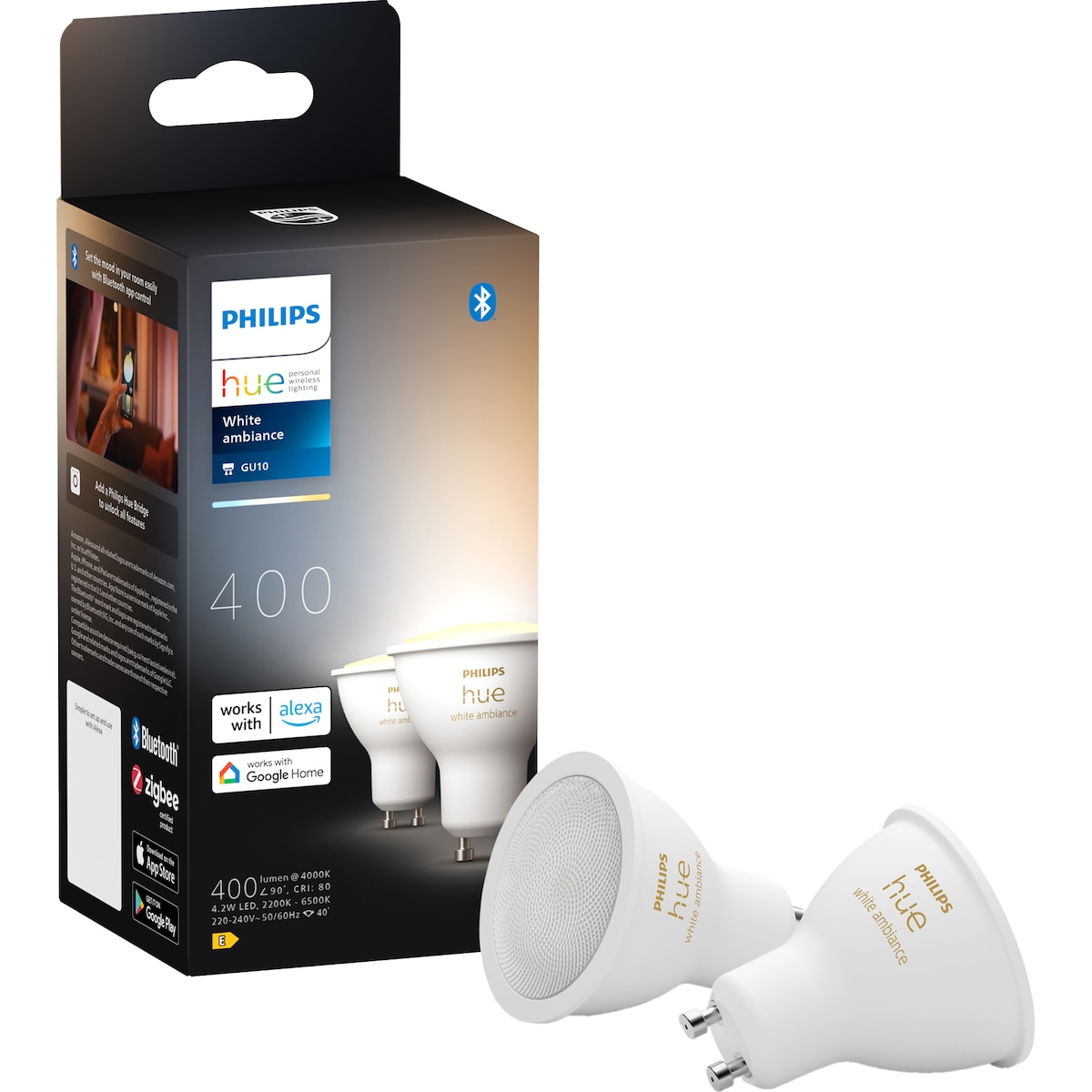 Philips Hue LED-lyspære GU10 4,2W (2-pakning)